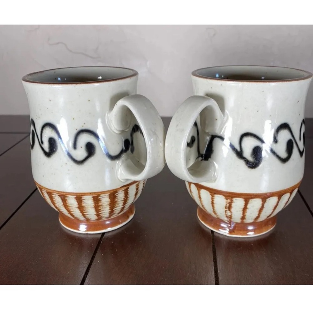 Vintage Otagiri Pair Footed Pottery Stoneware Cup Mug Abstract Design JAPAN